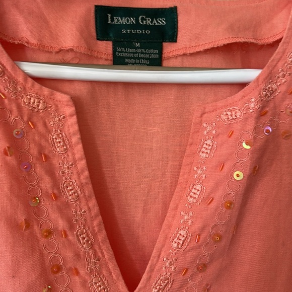 LEMON GRASS | Beaded and Embroidery Pink Sleeveless Linen Cotton Tank Top - Picture 3 of 11